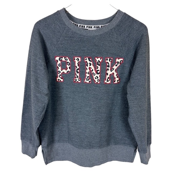 PINK Victoria’s Secret Leopard Print Graphic Grey Sweatshirt - Picture 1 of 8